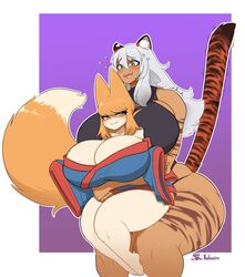  2girls bare_shoulders big_breasts big_hips big_thighs blush breasts_bigger_than_head child_bearing_hips commission cuddling curvy curvy_female curvy_figure duo duo_focus ear_tuft enormous_breasts enormous_thighs eyebrows_visible_through_hair fox_ears fox_girl fox_humanoid fox_tail gigantic_breasts gigantic_thighs green_eyes huge_breasts huge_hips huge_thighs humongous_breasts kalmoire kimono kitsune large_breasts large_hips large_thighs light-skinned_female light_skin massive_breasts massive_thighs orange_hair original_characters silver_hair skull_crushing_thighs slight_blush slim_waist smug smug_expression smug_face smug_smile tan-skinned_female tan_skin thick_thighs thin_waist thunder_thighs tiger_ears tiger_girl tiger_print tiger_stripes voluptuous voluptuous_female wide_hips 