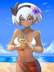  1girls bea_(pokemon) beach bikini blue_eyes bracelet breasts clouds drink grey_hair hair_flower hairband holding_drink looking_at_viewer medium_breasts midriff navel nintendo ocean outside pokemon pokemon_ss sarong short_hair sky swimsuit tommy_(kingdukeee) water white_bikini white_swimsuit 