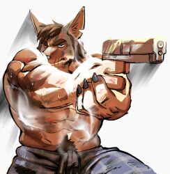  1boy abs aiming animal_ears bara black_pants bruise bruise_on_arm bruise_on_face bruise_on_stomach claws coyote_boy echo_project english_commentary furry furry_male gun highres holding holding_gun holding_weapon injury kurukakuu male_focus muscular muscular_male notched_ear pants scar scar_on_face scar_on_mouth the_smoke_room topless_male weapon william_adler_(the_smoke_room) wolf_ears 