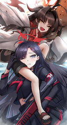  2girls absurdres ahoge black_choker black_gloves black_hair black_serafuku black_shirt black_shorts black_skirt blue_archive breasts brown_hair choker closed_mouth coat collared_shirt demon_horns feathered_wings gloves gun hair_ornament hairpin halo highres holding holding_gun holding_weapon horns ichika_(blue_archive) kasumi_(blue_archive) lab_coat looking_at_viewer low_wings multiple_girls navel oerba_yun_fang one_eye_closed open_mouth person_on_shoulder red_halo red_shirt school_uniform serafuku shirt shorts skin_fang skirt sleeves_past_fingers sleeves_past_wrists small_breasts smile unusually_open_eyes weapon white_coat wings yellow_eyes zuishangxi 