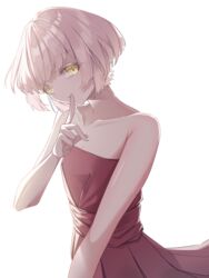  act-age bare_shoulders breasts closed_mouth collarbone dress feet_out_of_frame female finger_to_mouth highres light_smile looking_at_viewer momoshiro_chiyoko oboro_sotk red_dress short_hair small_breasts solo standing white_background white_hair yellow_eyes 