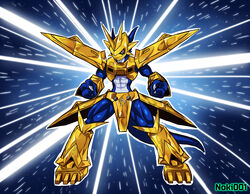  3_fingers abs abstract_background absurd_res ambiguous_gender anthro armor arthropod_abdomen bandai_namco blue_background blue_body bright_light digimon digimon_(species) fingers fist gold_(metal) gold_armor headgear helmet hi_res magnamon muscular noki001 red_eyes simple_background solo standing white_abdomen wide_stance 