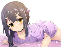  ass black_hair blush braid braided_ponytail brown_eyes collarbone fate/kaleid_liner_prisma_illya fate_(series) female hair_ornament hairclip long_hair looking_at_viewer lying miyu_edelfelt on_stomach purple_shirt purple_shorts sen_(astronomy) shirt short_sleeves shorts sidelocks solo yellow_eyes 