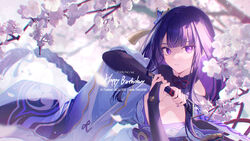  blunt_bangs coyucom female genshin_impact happy_birthday highres holding holding_sword holding_weapon japanese_clothes kimono long_braid long_hair looking_at_viewer musou_isshin_(genshin_impact) parted_lips purple_eyes purple_hair purple_kimono raiden_shogun solo sword upper_body very_long_hair weapon 