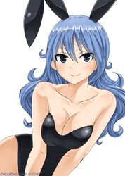  animal_ears black_leotard blue_eyes blue_hair blush breasts chsabina cleavage fairy_tail female hair_between_eyes highres juvia_lockser large_breasts leotard long_hair playboy_bunny rabbit_ears smile tumblr_username web_address 