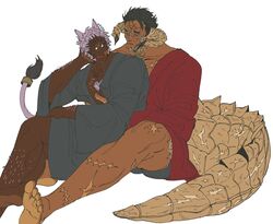  2boys animal_ears bara between_legs cat_boy cat_ears chest_tuft couple dark-skinned_male dark_skin dragon_boy dragon_horns facial_mark feet_out_of_frame final_fantasy final_fantasy_xiv glasses highres horns hug hug_from_behind large_tail light-skinned_soles long_sideburns male_focus mature_male miqo&#039;te monster_boy multiple_boys multiple_scars muscular muscular_male original pectoral_cleavage pectorals purple_hair qroken round_eyewear scar short_hair sideburns sitting sitting_between_lap sparse_leg_hair sparse_stubble tail thick_eyebrows very_dark_skin yaoi 