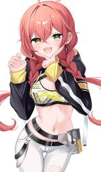  absurdres belt belt_pouch black_belt black_jacket braid cropped_jacket earrings fangs female green_eyes highres hood hooded_jacket jacket jewelry long_hair navel nijisanji oguraponti pants pouch red_hair shishido_akari shishido_akari_(1st_costume) smile solo sports_bra twin_braids v_over_mouth virtual_youtuber white_pants 