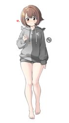  absurdres alternate_costume bare_legs barefoot blush brown_eyes brown_hair closed_mouth commentary_request female full_body gloria_(pokemon) grey_hoodie heart highres hood hoodie knees long_sleeves pokemon pokemon_swsh short_hair shorts simple_background smile solo tax2rin thigh_gap toes variant_set white_background 