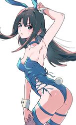  animal_ears arm_up armpits bare_shoulders black_hair bloom_into_me15 blue_choker blue_eyes blush breasts choker cleavage collarbone detached_sleeves female fishnet_thighhighs fishnets floating_hair hand_on_own_head hand_on_own_knee highres idolmaster idolmaster_cinderella_girls leaning_forward long_hair looking_at_viewer looking_back multi-strapped_dress narrow_waist open_mouth playboy_bunny rabbit_ears rabbit_tail shibuya_rin simple_background small_breasts solo standing tail thighhighs thighs white_background wrist_cuffs 