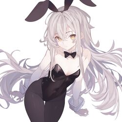  absurdres animal_ears bare_shoulders black_bow black_bowtie black_pantyhose bow bowtie breasts brown_eyes chinese_commentary collarbone commentary_request covered_navel cowboy_shot detached_collar fake_animal_ears female from_above girls&#039;_frontline grey_hair hair_between_eyes head_tilt highres long_hair long_yue_(sskylarks) looking_at_viewer pantyhose parted_lips playboy_bunny rabbit_ears scar scar_across_eye simple_background small_breasts solo thigh_gap ump45_(girls&#039;_frontline) very_long_hair white_background wrist_cuffs 