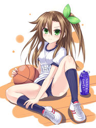  ball basketball_(object) blue_buruma blue_socks blush breasts brown_hair buruma cameltoe covered_nipples female green_eyes gym_uniform highres if_(neptunia) kazuneko_(wktk1024) long_hair neptune_(series) one_side_up ribbon shoes sitting small_breasts socks solo spread_legs very_long_hair 