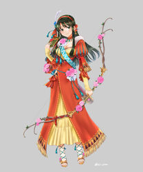  absurdres alternate_costume bow_(weapon) breasts cleavage commentary_request dress female fire_emblem fire_emblem:_the_binding_blade fire_emblem_heroes full_body green_eyes green_hair hairband highres holding holding_bow_(weapon) holding_weapon long_hair looking_at_viewer partial_commentary red_dress red_hairband sandals smile solo sue_(fire_emblem) tsukimura_(d24f4z8j3t) weapon 