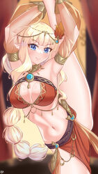  absurdres arada_(corsair_zero) armlet armpits arms_up bare_shoulders belly_chain bikini blonde_hair blue_eyes blush bracelet bracer braid braided_ponytail breasts brooch circlet cleavage dancer detached_sleeves elf female fire_hair_ornament hair_ornament highres jewelry kneepits large_breasts long_hair looking_at_viewer navel neck_ring o-ring official_alternate_costume orange_bikini pointy_ears princess_connect! saren_(princess_connect!) saren_(sarasaria)_(princess_connect!) sarong sidelocks smile solo split standing standing_on_one_leg standing_split swimsuit thighs variant_set 