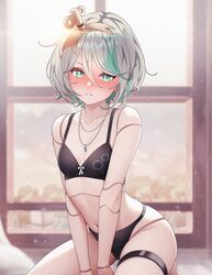  bare_shoulders barefoot black_bra black_panties blush bra braid cecilia_immergreen collarbone colored_inner_hair doll_joints english_commentary female green_hair grey_hair hair_between_eyes highres hololive hololive_english jewelry joints kneeling multicolored_hair navel necklace panties parted_lips short_hair sk_jynx solo streaked_hair thigh_strap underwear underwear_only virtual_youtuber winding_key 