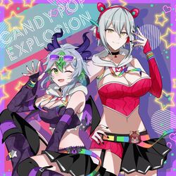  2girls apricot_the_lich black_choker black_garter_straps black_gloves black_nails black_shrug black_skirt black_thighhighs breasts choker cleavage cleavage_cutout clothing_cutout demon_girl demon_horns demon_wings elbow_gloves garter_straps gloves green_eyes green_hair hair_ornament half-skirt hand_on_own_hip highres hood hoodie horns large_breasts looking_at_viewer medium_breasts medium_hair multicolored_hair multiple_girls nail_polish navel rainbow_belt red_gloves sidelocks skirt smile streaked_hair thighhighs tobio_illust virtual_youtuber vshojo vshojo_idol_uniform_(candy_pop) white_hoodie wings x_hair_ornament yellow_eyes zentreya zentreya_(cyborg) 