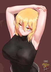  absurdres armpits arms_up bags_under_eyes black_shirt blonde_hair breasts don_quixote_(project_moon) emblem female highres large_breasts limbus_company official_alternate_costume project_moon shadow shirt sideways_glance simple_background sleeveless sleeveless_shirt solo stretching sushispin sweat yellow_eyes 