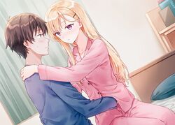  1boy asamura_yuuta ayase_saki bed blonde_hair blue_pajamas blush breasts brown_hair closed_mouth collarbone collared_shirt female gimai_seikatsu h hair_ornament hairclip highres hiten_(hitenkei) long_hair long_sleeves pajamas pillow pink_pajamas purple_eyes shirt solo 