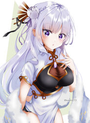  braid breasts china_dress chinese_clothes cleavage cowboy_shot crown_braid dress elf emilia_(re:zero) female flower fur_scarf hair_flower hair_ornament hair_ribbon hair_stick highres keshi273 long_hair looking_at_viewer medium_breasts neck_tassel official_alternate_costume pointy_ears purple_eyes purple_ribbon re:zero_kara_hajimeru_isekai_seikatsu ribbon rose simple_background solo thighs twitter_username white_flower white_hair white_rose x_hair_ornament 