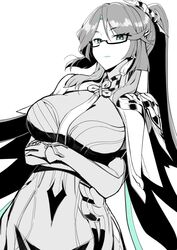  breasts colored_inner_hair crossed_arms dress earrings female fue_(rhomphair) genshin_impact glasses green_eyes green_lips greyscale hair_ornament hairpin high_ponytail highres jewelry large_breasts long_hair looking_at_viewer monochrome multicolored_hair parted_bangs spot_color tassel tassel_earrings xianyun_(genshin_impact) 