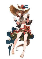  absurdres alternate_costume animal_ears aston_machan_(umamusume) black_scrunchie blush breasts brown_hair cleavage closed_mouth commentary_request criss-cross_halter cup disposable_cup female full_body green_eyes halterneck hat highres holding horse_ears horse_girl horse_tail large_breasts navel sandals scrunchie see-through see-through_cleavage short_hair smile solo standing stomach straw_hat sun_hat swimsuit sylph_kim tail thigh_strap umamusume v wrist_scrunchie 