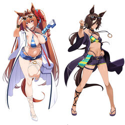  2girls absurdres animal_ears bare_shoulders bikini blue_bikini blue_shorts blush breasts brown_hair closed_mouth commentary daiwa_scarlet_(umamusume) english_commentary eyewear_on_head full_body hair_ornament hair_over_one_eye hand_up heart heart-shaped_eyewear highleg highleg_bikini highres horse_ears horse_girl horse_tail large_breasts long_hair long_sleeves multiple_girls navel off_shoulder open_clothes purple_shorts red_eyes sandals short_shorts shorts sideboob simple_background small_breasts standing stomach striped_bikini striped_clothes sunglasses swimsuit sylph_kim tail thigh_strap thighs twintails umamusume vodka_(umamusume) white_background white_footwear wide_sleeves 