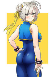  antenna_hair arthur_ko blue_unitard blue_vest blush bracelet chun-li chun-li_(cosplay) closed_mouth commission cosplay double_bun female green_eyes grey_hair hair_between_eyes hair_bun highres jewelry kantai_collection kinugasa_(kancolle) looking_at_viewer pixiv_commission short_hair smile solo street_fighter street_fighter_zero_(series) twitter_username unitard vest 