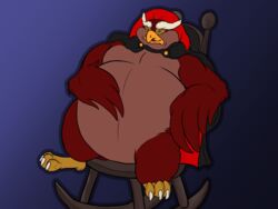  4:3 anthro avian belly big_(disambiguation) bird chair claws don_bluth furniture grand_duke_of_owls grandduke hi_res male obese overweight overweight_male owl paws pumex rock-a-doodle slightly_chubby solo toe_claws 