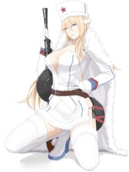  belt blonde_hair blue_eyes boots braid breasts brown_belt cape cleavage collarbone dp-27 dp28_(girls&#039;_frontline) dress female full_body fur-trimmed_cape fur_hat fur_trim girls&#039;_frontline gloves gun hand_on_own_hip hat highres holding holding_gun holding_weapon large_breasts lips long_hair long_sleeves looking_at_viewer machine_gun open_mouth papakha parted_lips sitting solo sumi_ojie thighhighs weapon white_background white_dress white_footwear white_gloves white_hat white_thighhighs 