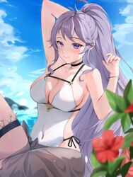  absurdres alternate_costume beach blue_sky blush breasts cleavage closed_mouth commentary commission covered_navel day english_commentary female fire_emblem fire_emblem:_genealogy_of_the_holy_war flower grey_sarong highres ishtar_(fire_emblem) large_breasts long_hair looking_at_viewer monokawa_(iurl1z) one-piece_swimsuit outdoors ponytail purple_eyes purple_hair sarong second-party_source sideboob sky smile solo swimsuit very_long_hair water white_one-piece_swimsuit 