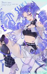  black_gloves blue_eyes breasts dragon_girl dragoon_(selen_tatsuki) drill_hair female fingerless_gloves gloves head_wings heterochromia highres kistina long_hair looking_at_viewer navel nijisanji nijisanji_en oerba_yun_fang open_mouth pink_eyes purple_hair purple_nails selen_tatsuki shorts skin_fang small_breasts smile solo standing standing_on_one_leg tail twin_drills virtual_youtuber wings 