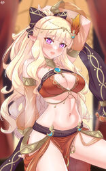  absurdres arada_(corsair_zero) arm_behind_head arm_up armlet bare_shoulders belly_chain bikini blonde_hair blush bracelet bracer breasts brooch circlet cleavage dancer detached_sleeves elf female fire_hair_ornament hair_ornament highres hypnosis jewelry large_breasts long_hair looking_at_viewer mind_control navel neck_ring o-ring official_alternate_costume open_mouth orange_bikini pointy_ears ponytail princess_connect! purple_eyes saren_(princess_connect!) saren_(sarasaria)_(princess_connect!) sarong sidelocks smile solo swimsuit thighs variant_set veil 