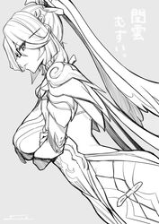  breasts colored_inner_hair crossed_arms dress earrings female fue_(rhomphair) genshin_impact glasses greyscale hair_ornament hairpin high_ponytail highres jewelry large_breasts long_hair looking_at_viewer monochrome multicolored_hair parted_bangs tassel tassel_earrings xianyun_(genshin_impact) 