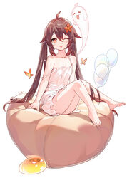  ;p absurdres ahoge balloon barefoot bean_bag_chair blush boo_tao_(genshin_impact) brown_hair chinese_commentary commentary feet flower flower-shaped_pupils full_body genshin_impact hair_between_eyes hair_flower hair_ornament highres hu_tao_(genshin_impact) long_hair looking_at_viewer nightgown one_eye_closed red_eyes signature simple_background single_bare_shoulder sitting slime_(genshin_impact) snozaki strap_slip symbol-shaped_pupils thighs toes tongue tongue_out twintails very_long_hair white_background white_nightgown 