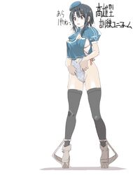  absurdres alternate_costume black_hair black_thighhighs blue_headwear breasts brown_eyes brown_footwear clothing_cutout female full_body highleg highres kantai_collection puffy_short_sleeves puffy_sleeves short_sleeves solo tada_(tactical_tada) takao_(kancolle) thighhighs white_background 