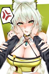  anger_vein animal_ear_fluff animal_ears arknights bare_shoulders belt_collar blush breasts cat_ears cleavage collar commentary_request criss-cross_halter dress female green_background green_dress green_eyes grey_hair halterneck highres iindoagorira kal&#039;tsit_(arknights) large_breasts long_sleeves looking_at_viewer material_growth medium_hair off_shoulder open_mouth oripathy_lesion_(arknights) polka_dot polka_dot_background pov pov_adoring pov_hands solo_focus squeezing_cheeks upper_body white_background 