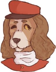  2016 anna_(nq) anthro black_outline bust_portrait canid canine canis cel_shading clothed clothing digital_media_(artwork) domestic_dog dress_shirt female from_felidae hat headgear headwear looking_at_viewer mammal nan_quest one_eye_closed outline portrait red_clothing red_dress_shirt red_hat red_headwear red_shirt red_topwear shaded shirt simple_background solo topwear white_background wink yellow_sclera 