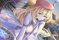  agnes_claudel belt beret blonde_hair blue_eyes breasts cityscape coat commentary_request double-parted_bangs eiyuu_densetsu female hair_between_eyes hat highres jewelry kuro_no_kiseki large_breasts long_hair necklace red_hat skyline solo sweater tipto-eb very_long_hair white_coat white_sweater 