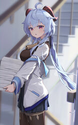  absurdres adapted_costume ahoge alternate_costume aton_(user_kufr5245) bell black_pantyhose blue_hair blue_skirt bow breasts commentary_request female from_side ganyu_(genshin_impact) genshin_impact highres holding holding_paper horns indoors jacket long_hair looking_at_viewer low_ponytail medium_breasts neck_bell off_shoulder pantyhose paper paper_stack parted_lips purple_eyes sidelocks skirt solo stairs standing thighlet white_jacket 