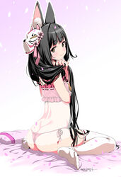  absurdres animal_ear_fluff animal_ears ass azur_lane black_hair brown_eyes butt_crack camisole commentary dated_commentary feet female fox_ears fox_girl fox_mask from_behind futon hair_lift highres holding_own_hair long_hair looking_at_viewer looking_back mask mask_on_head nagato_(azur_lane) nagato_(great_fox&#039;s_respite)_(azur_lane) no_shoes panties pillow red_camisole red_panties see-through side-tie_panties sitting soles solo thighhighs thighs thong umyonge_(lkakeu) underwear underwear_only very_long_hair wariza white_thighhighs 