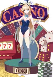  absurdres animal_ears aqua_bow aqua_bowtie blonde_hair blue_archive blue_halo bow bowtie breasts casino character_name closed_mouth cocktail_glass commentary_request cup detached_collar dice drinking_glass fake_animal_ears fake_tail female full_body halo hand_on_own_hip highleg highres holding holding_plate leotard long_hair looking_at_viewer official_alternate_costume plate playboy_bunny poker_chip rabbit_ears rabbit_tail roulette_table slot_machine smile smyin_rii solo standing strapless strapless_leotard table tail thighhighs toki_(blue_archive) toki_(bunny)_(blue_archive) white_thighhighs white_wrist_cuffs wrist_cuffs 