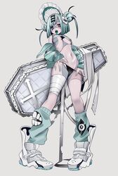  baggy_socks bandaged_chest bandaged_leg bandages breasts coffin colored_skin double_bun female frilled_bonnet from_below full_body green_hair grey_background grey_skin hair_bun highres holding holding_clothes holding_underwear jacket kneehighs looking_at_viewer looking_down mamiya_miya medium_breasts nail_polish navel off_shoulder open_clothes open_jacket open_mouth original pale_skin panties revealing_clothes ribbon_hair_ornament short_hair simple_background socks solo standing stitched_face stitched_leg stitched_torso stitches stomach string_panties tongue tongue_out underboob underwear white_footwear zombie 