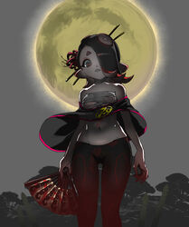  alternate_breast_size asymmetrical_hair bare_shoulders black_eyes black_hair black_pants breasts cephalopod_eyes chest_sarashi female flower full_moon groin hair_flower hair_ornament hair_over_one_eye hair_stick hand_fan hideyoshi_(swliyhbpe9xqqze) highres holding holding_fan horizontal_pupils legs_apart looking_at_viewer medium_breasts medium_hair moon navel octoling official_alternate_costume pants parted_lips pink_pupils pink_trim red_flower red_hair sarashi shiver_(splatoon) solo spider_lily splatoon_(series) splatoon_3 standing suction_cups tentacle_hair 