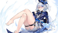  absurdres ahoge barefoot blue_eyes blue_hat blue_jacket blue_nails commentary_request feet female flustered furina_(genshin_impact) genshin_impact hat high_heels highres jacket legs long_hair looking_at_viewer nail_polish shorts simple_background socks solo thigh_strap thighs toenail_polish toenails toes top_hat very_long_hair white_background white_hair white_shorts white_socks xiangchizhubijin 