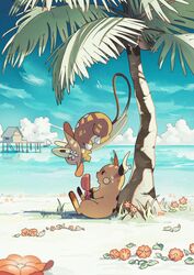  2024 alolan_form alolan_raichu ambiguous_gender beach big_tail black_eyes black_nose blue_eyes bodily_fluids building cheek_spots clothing cloud day detailed_background digital_media_(artwork) duo fan_(object) feet female feyzichris floating flower generation_1_pokemon generation_7_pokemon glistening grass hat headgear headwear hi_res hot_weather house leaf looking_at_another nintendo open_mouth outside palm_tree petals plant pokemon pokemon_(species) raichu reflection regional_form_(pokemon) sand shadow sitting sky sweat sweatdrop tail tree water water_reflection wearing_hat yellow_cheeks 