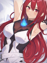  absurdres ahoge armpits arms_up blue_fire blush breasts dress elizabeth_rose_bloodflame female fire highres hololive hololive_english huge_ahoge large_breasts long_hair looking_at_viewer multicolored_hair red_eyes red_hair solo very_long_hair virtual_youtuber white_dress zinkaa 