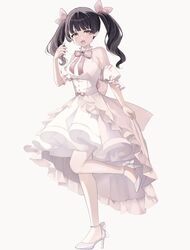  bare_shoulders black_hair bow breasts brown_eyes commentary_request detached_sleeves dress fangs female full_body grey_background hair_ribbon heart high_heels highres hiizumi_rinne long_hair looking_at_viewer medium_breasts open_mouth pink_bow pink_ribbon puffy_short_sleeves puffy_sleeves ribbon sakura_no_sekai shoes short_sleeves simple_background sleeveless sleeveless_dress solo standing standing_on_one_leg tsuruse twintails white_dress white_footwear white_sleeves 