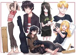  2boys 3girls :d absurdres black_jacket black_shirt black_shorts blind_girl&#039;s_dog_(popopoka) blind_girl_(popopoka) blonde_girl_(popopoka) blonde_hair blue_eyes blush body_freckles brown_pants cat_baguette_(popopoka) collarbone crying fangs female_pubic_hair freckles genderswap_(ftm) highres holding holding_phone jacket long_hair multiple_boys multiple_girls open_clothes open_jacket original pants phone pillow popopoka pubic_hair red_shirt rule_63 shirt short_hair shorts sleeping smile striped_clothes striped_shirt tears teeth unworn_shoe upper_teeth_only 