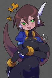  absurdres aile_(mega_man_zx) arm_under_breasts black_bodysuit blue_jacket blush bodysuit bodysuit_under_clothes bouncing_breasts breasts brown_hair buzzlyears covered_navel cowboy_shot cropped_jacket faux_traditional_media female glowing glowing_eyes green_eyes grey_background highres jacket large_breasts long_hair mega_man_(series) mega_man_zx mega_man_zx_advent no_pants oerba_yun_fang open_clothes open_jacket ponytail robot_ears solo sound_effects_only 