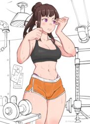  abs artist_name blush breasts brown_hair cleavage dolphin_shorts dumbbell en&#039;en_no_shouboutai gym hair_bun highres lit_silium long_hair maki_oze medium_breasts navel purple_eyes shorts sweat tank_top 