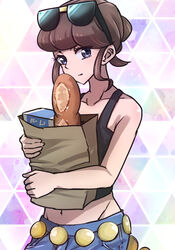  bag bare_shoulders beauty_(pokemon) black_tank_top blue_pants bread brown_bag brown_hair collarbone crop_top eyewear_on_head female food highres holding holding_bag kotobukkii_(yt_lvlv) looking_at_viewer midriff navel pants pokemon pokemon_xy purple_eyes shirt sleeveless sleeveless_shirt solo sunglasses tank_top 